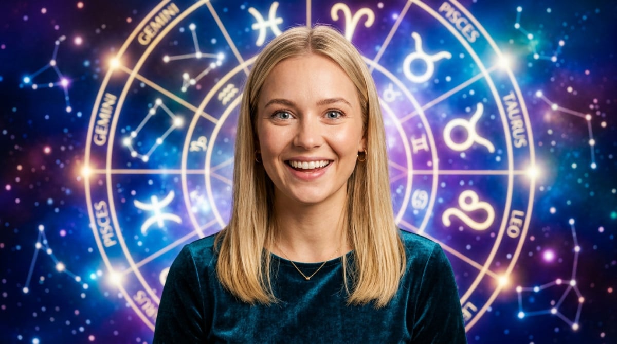 Editorial portrait photo of a young blonde woman with straight hair, looking at camera with amazed a