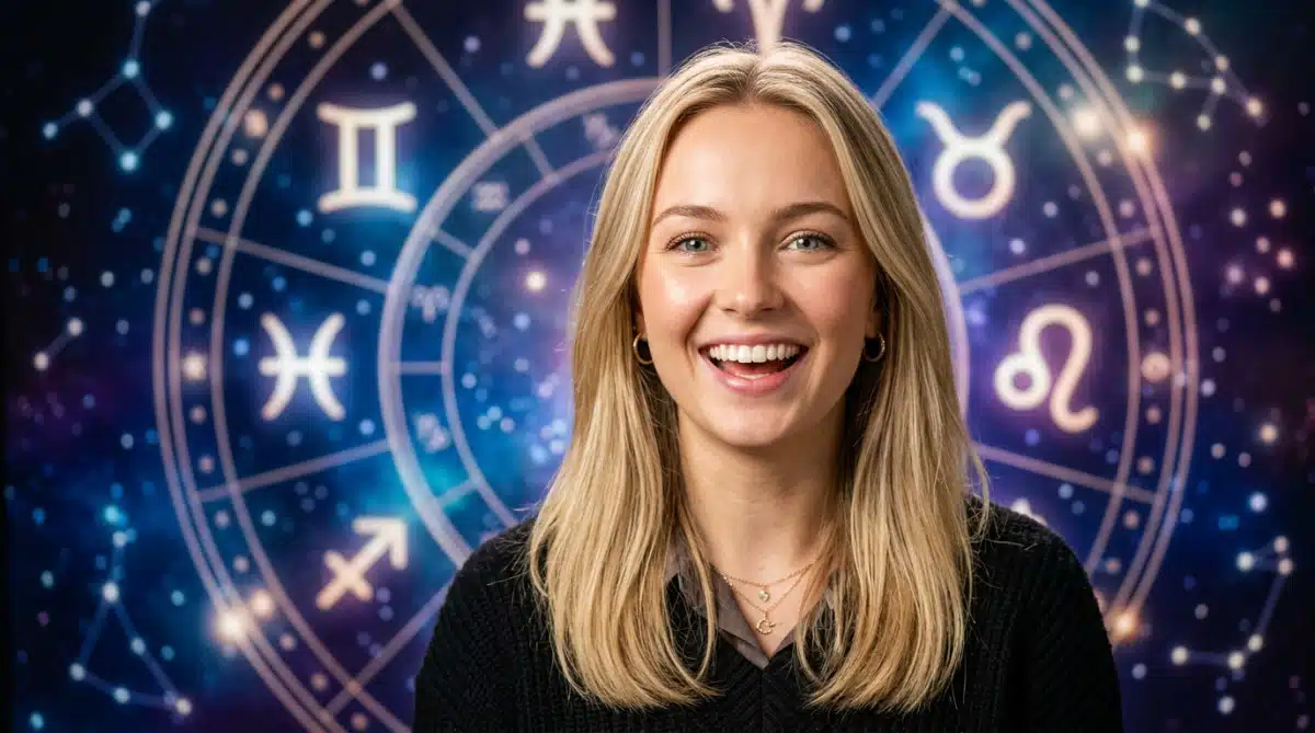 Editorial portrait photo of a young blonde woman with straight hair, looking at camera with amazed a