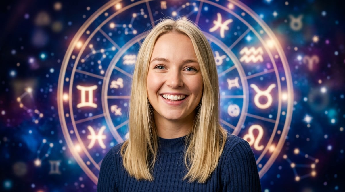 Editorial portrait photo of a young blonde woman with straight hair, looking at camera with amazed a