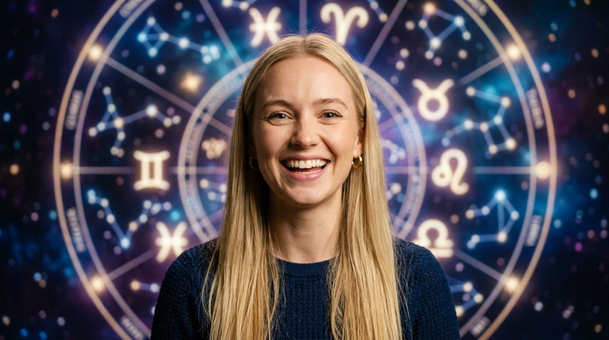 Editorial portrait photo of a young blonde woman with straight hair, looking at camera with amazed a