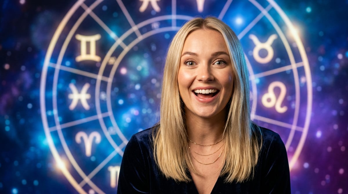 Editorial portrait photo of a young blonde woman with straight hair, looking at camera with amazed a