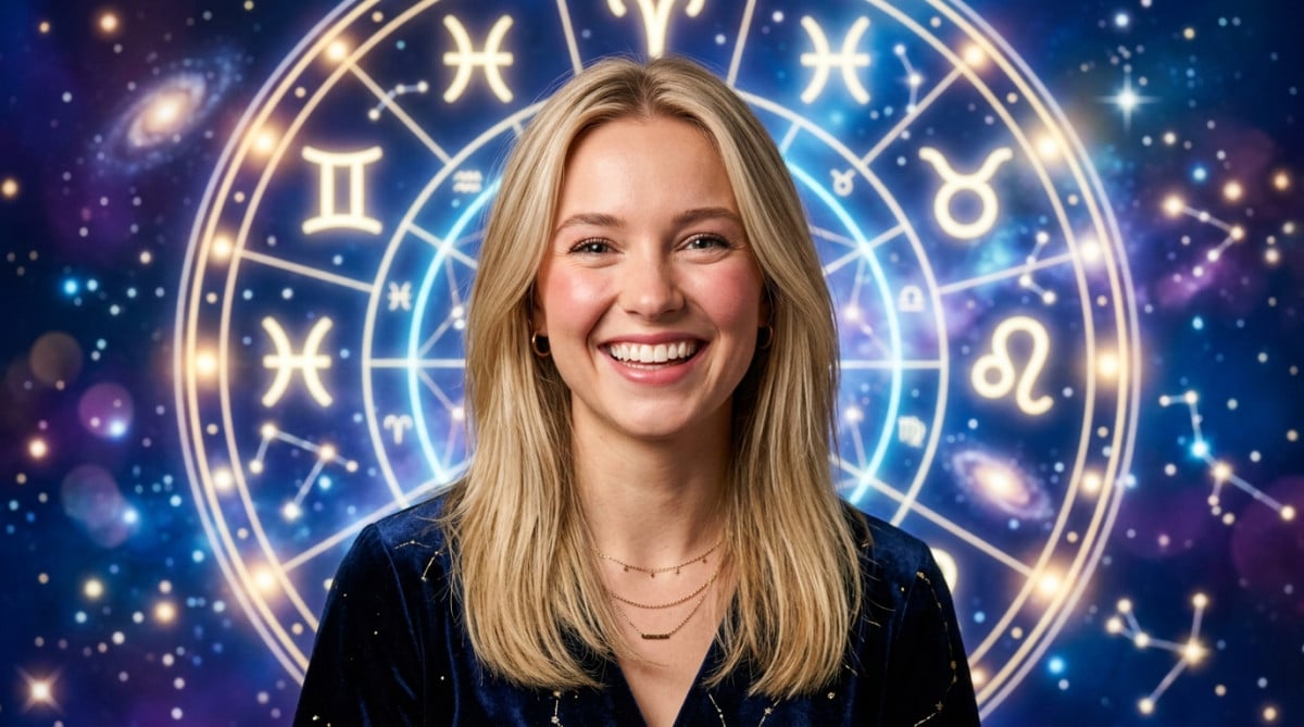 Editorial portrait photo of a young blonde woman with straight hair, looking at camera with amazed a