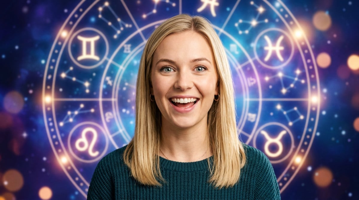 Editorial portrait photo of a young blonde woman with straight hair, looking at camera with amazed a