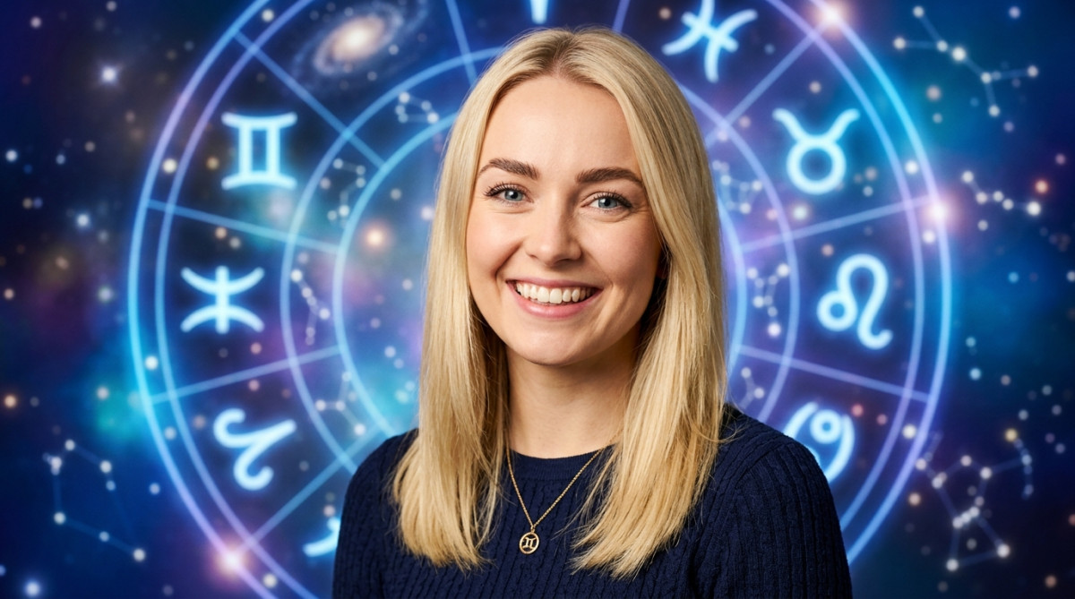 Editorial portrait photo of a young blonde woman with straight hair, looking at camera with amazed a