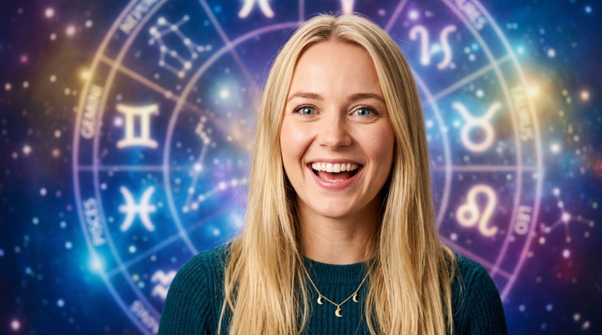 Editorial portrait photo of a young blonde woman with straight hair, looking at camera with amazed a