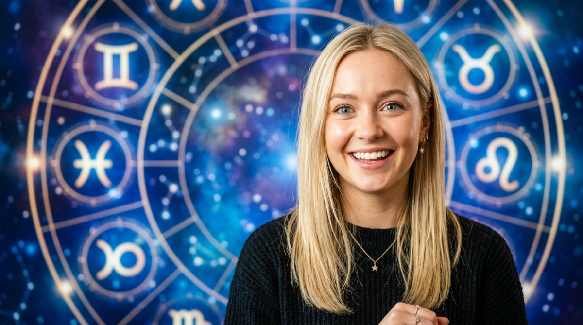 Editorial portrait photo of a young blonde woman with straight hair, looking at camera with amazed a