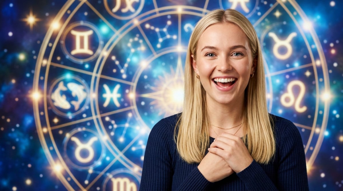 Editorial portrait photo of a young blonde woman with straight hair, looking at camera with amazed a