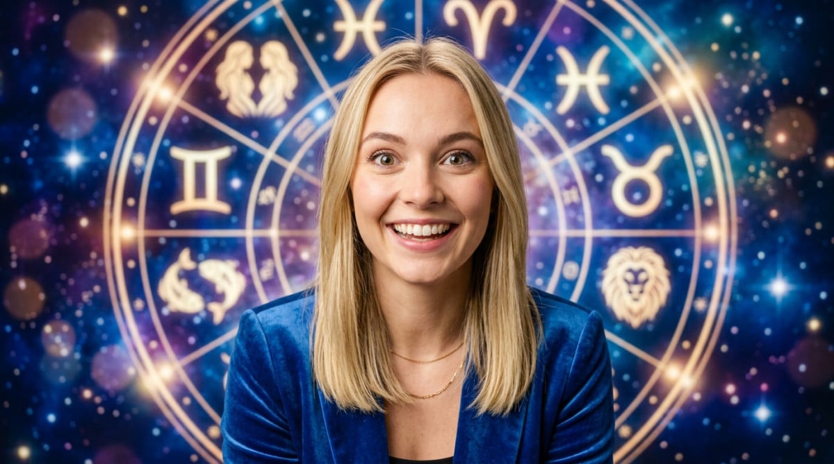 Editorial portrait photo of a young blonde woman with straight hair, looking at camera with amazed a