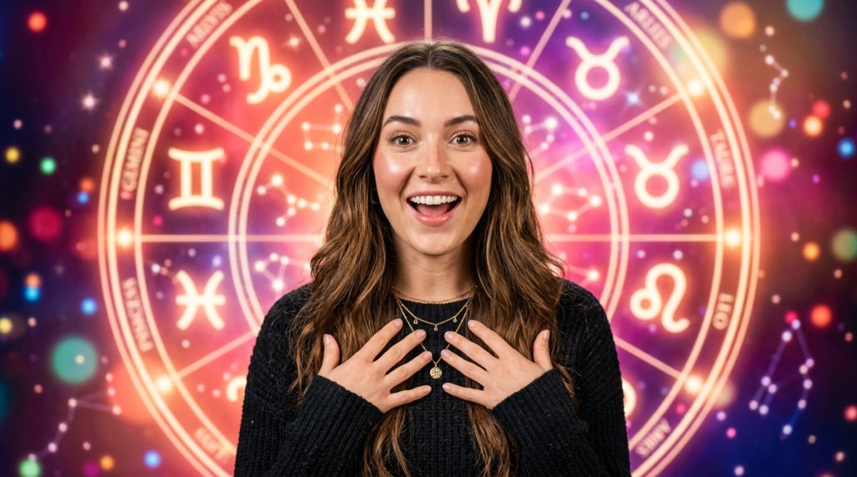 Editorial portrait photo of a young brunette woman with long hair, looking at camera with shocked an