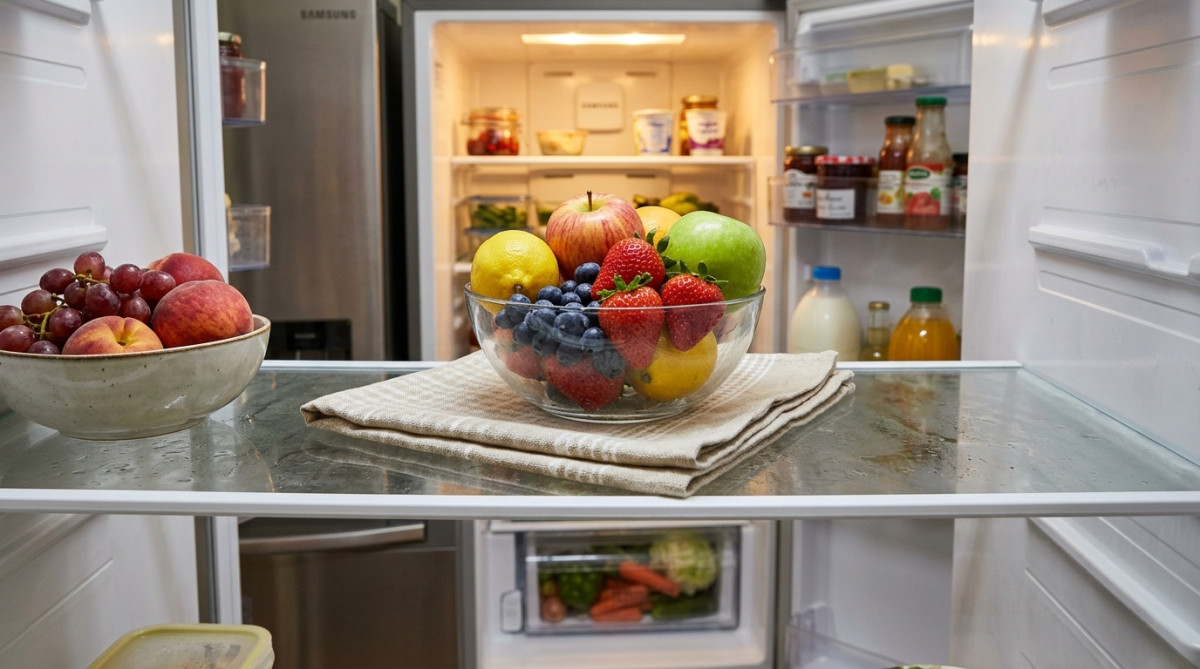 Editorial press photograph illustrating: Un torchon plié en deux sous tes fruits au frigo : ils tien