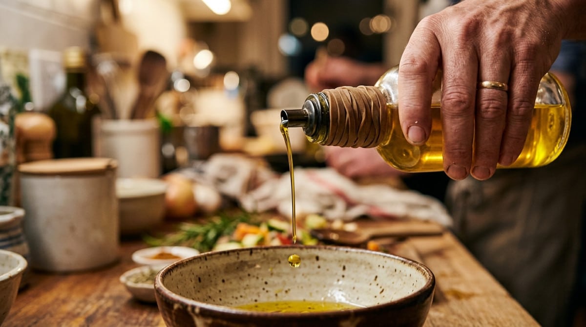 Élastique enroulé autour d'une bouteille d'huile d'olive