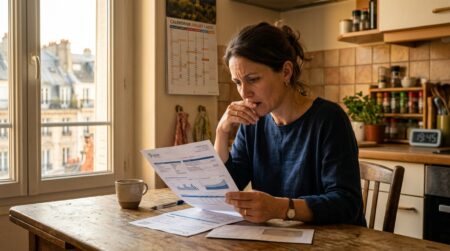 Femme inquiète consultant sa facture d'électricité à table