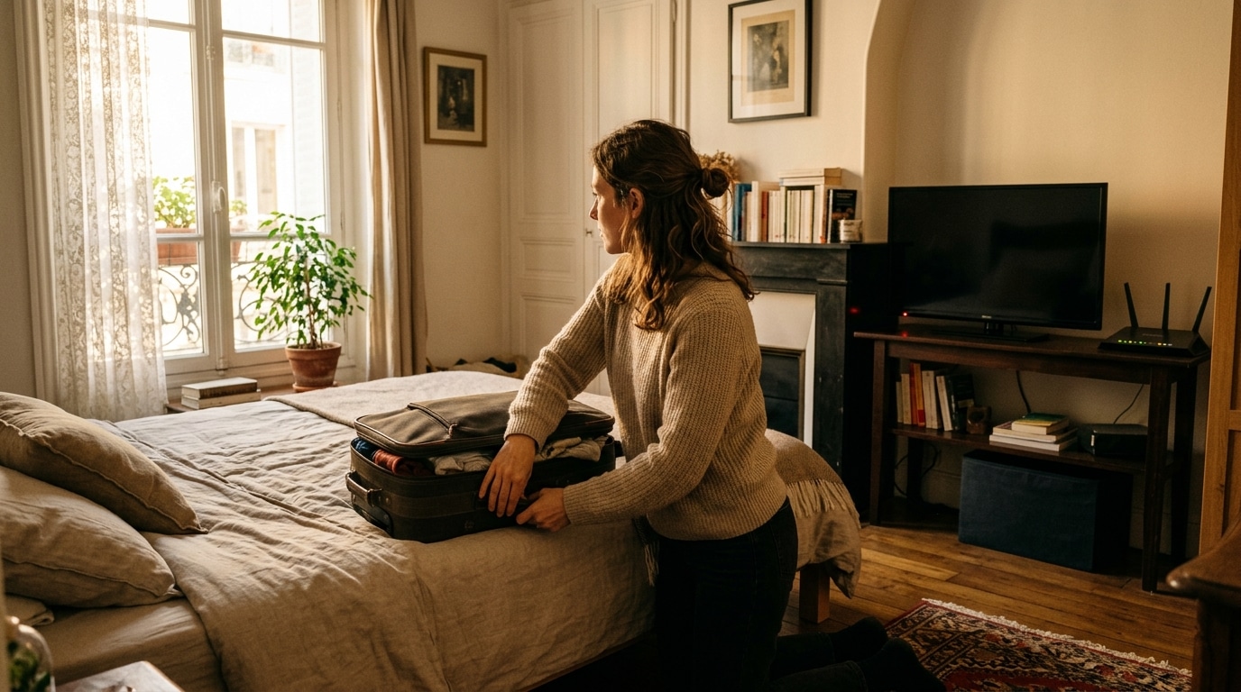 Femme préparant ses valises près d'appareils électroniques allumés
