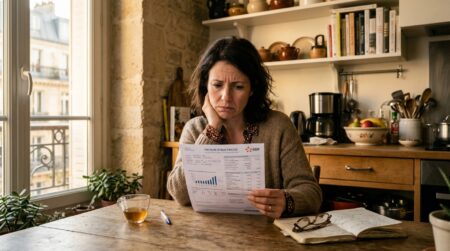 Femme inquiète consultant sa facture d'électricité à la maison