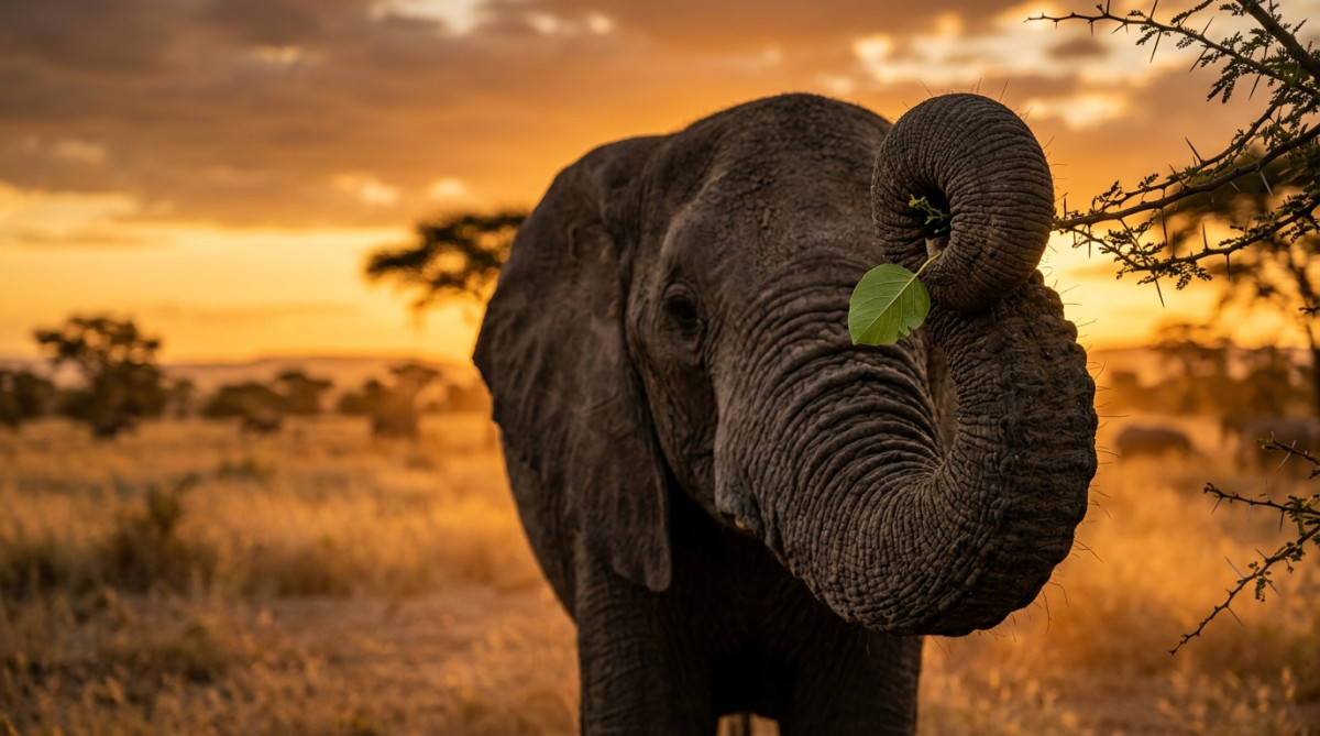 Éléphant utilisant sa trompe pour saisir une feuille