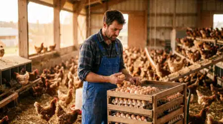 Éleveur de poules pondeuses dans son bâtiment agricole