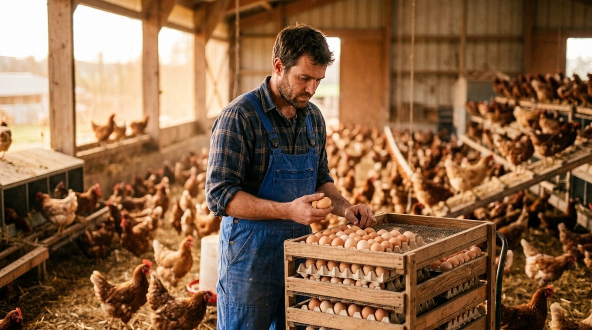 Éleveur de poules pondeuses dans son bâtiment agricole