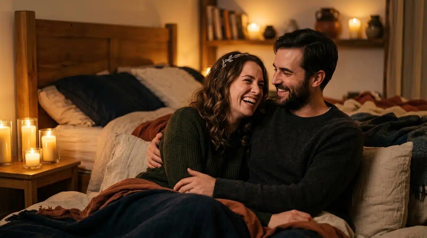 Couple complice dans une ambiance chaleureuse et intime