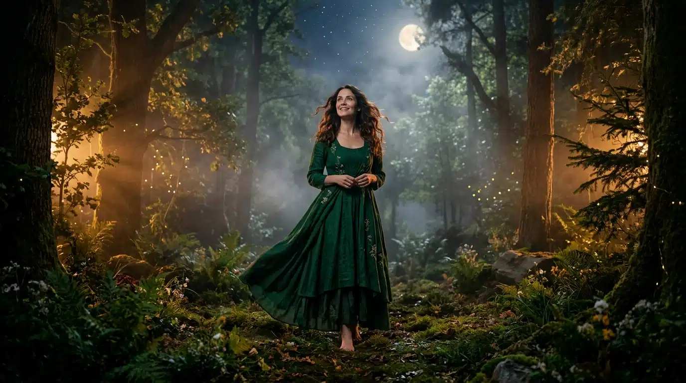 Femme en robe fantastique dans une forêt mystérieuse nocturne