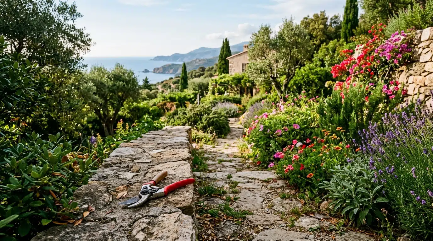 Jardin méditerranéen corse avec sécateur au sol