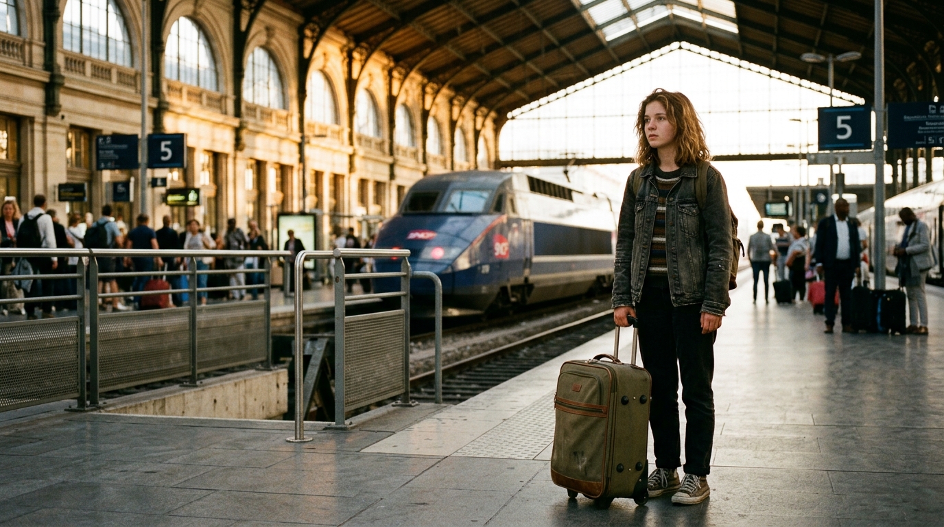 Adolescente seule avec valise dans une gare parisienne