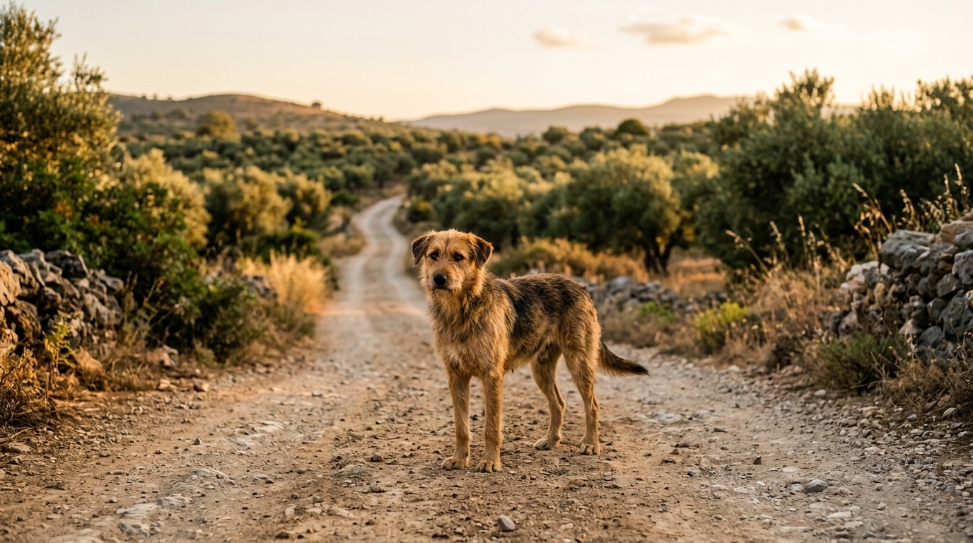 Chienne errante seule sur une route de campagne grecque