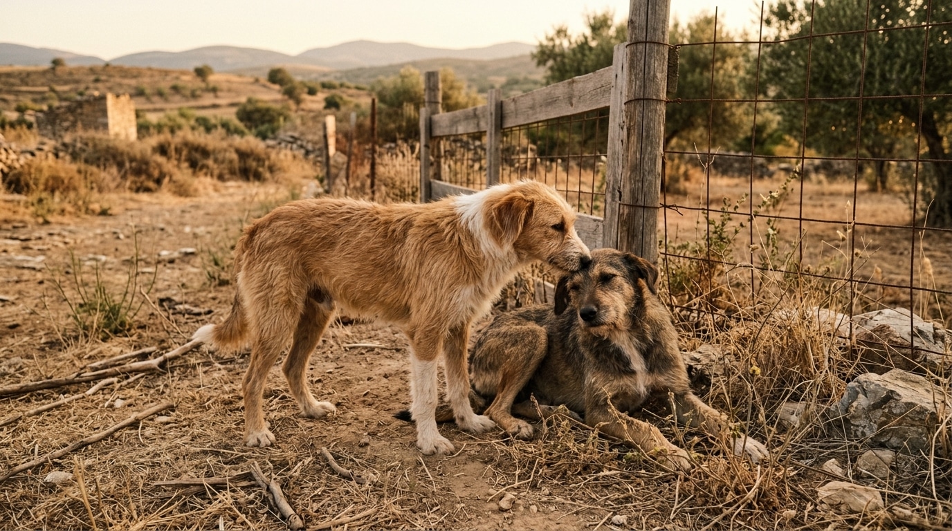 Deux chiens abandonnés côte à côte dans un enclos rural
