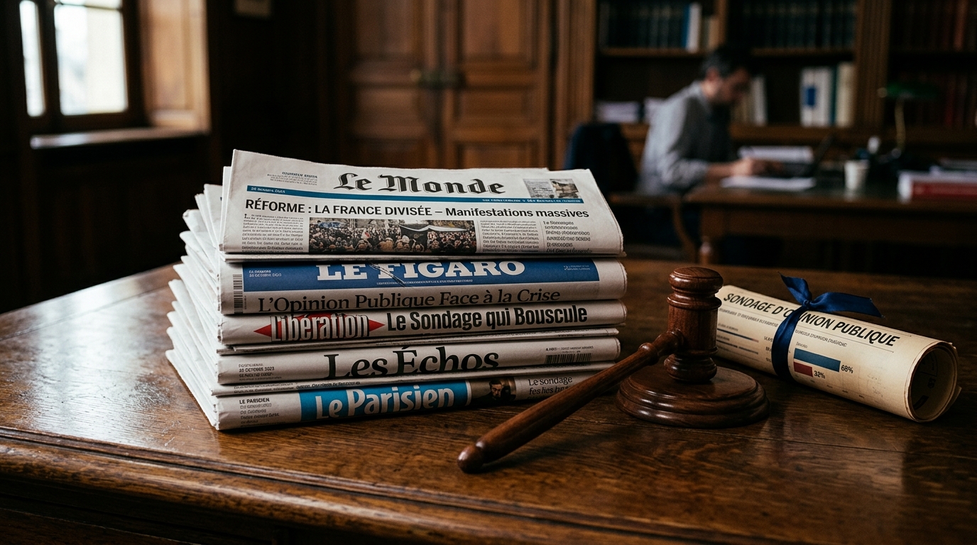 Marteau de justice et journaux sur un bureau en bois