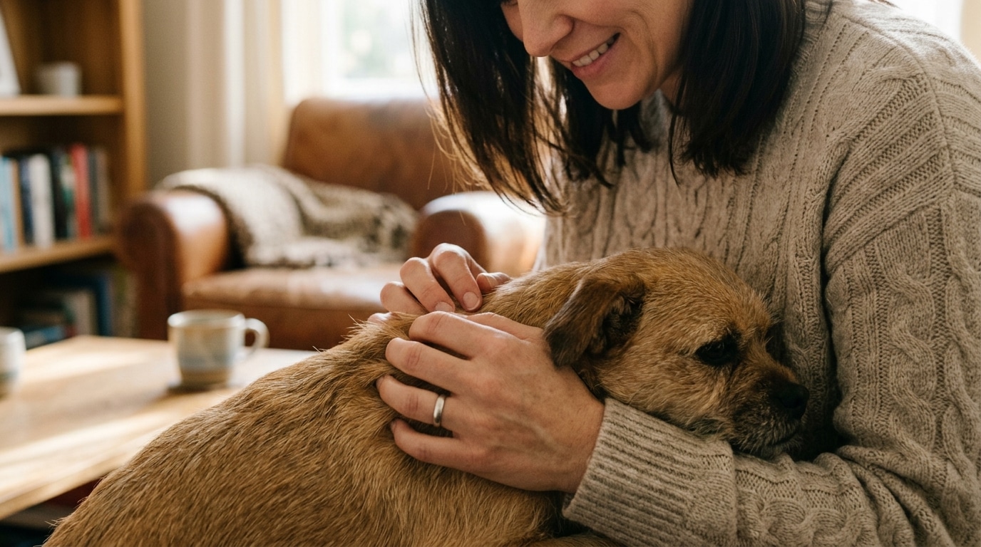 Main caressant tendrement un petit chien souriant
