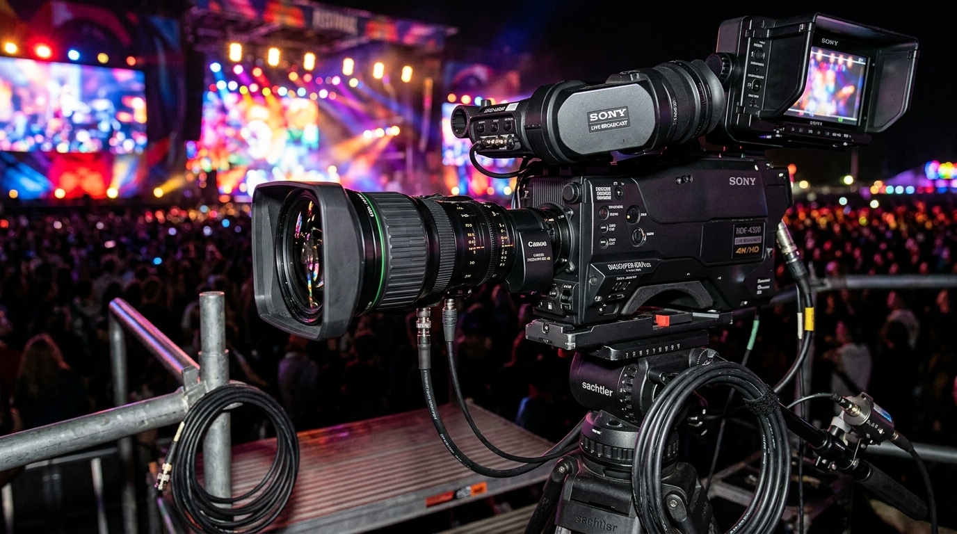 Caméra de broadcast professionnelle filmant un concert en direct lors d'un festival