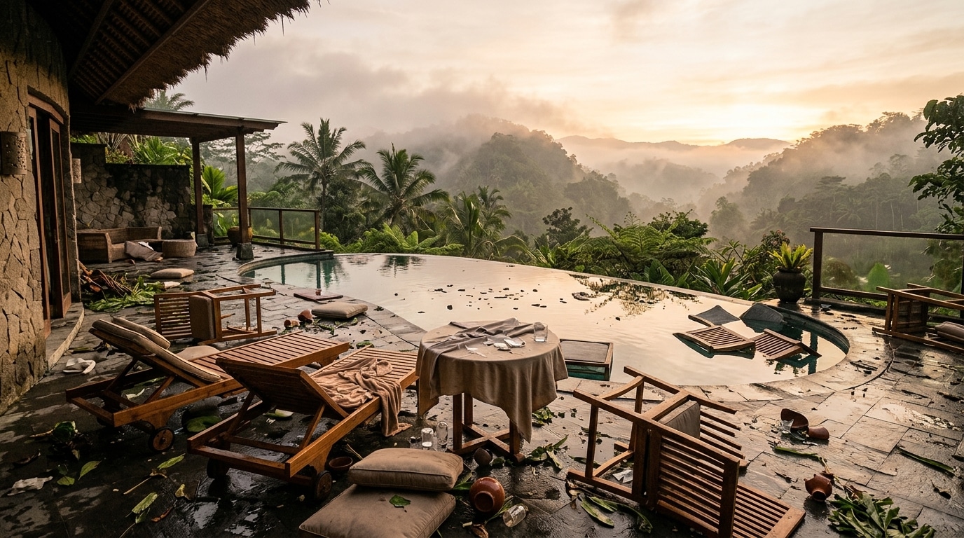 Terrasse de villa saccagée au petit matin en Thaïlande