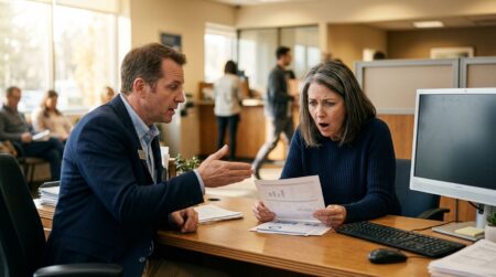 Client stupéfait face à un conseiller bancaire et documents
