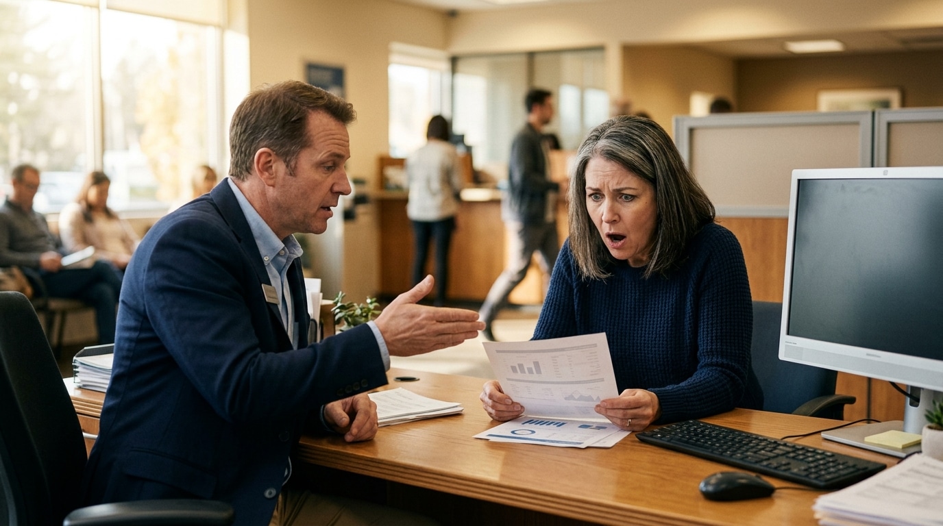 Client stupéfait face à un conseiller bancaire et documents