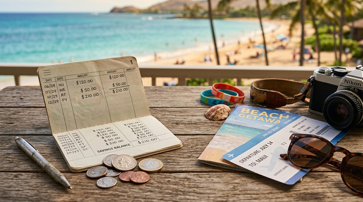 Livret d'épargne et pièces à côté d'objets de vacances