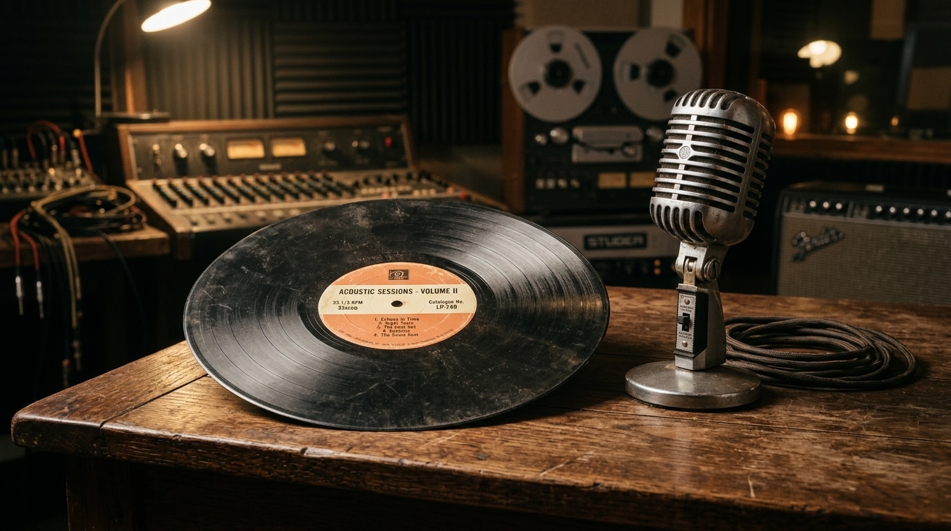 Microphone vintage et disque vinyle sur table en bois de studio d'enregistrement