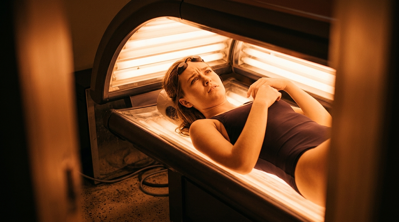 Jeune femme allongée dans une cabine de bronzage UV