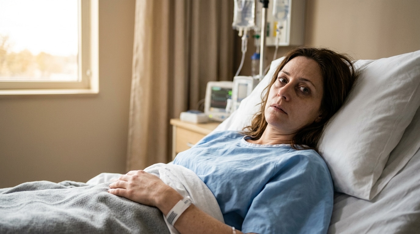 Femme allongée dans un lit d'hôpital sous perfusion