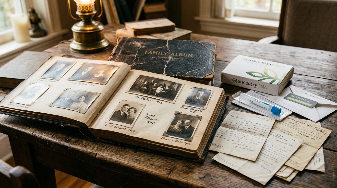 Album photo ancien et documents généalogiques sur une table