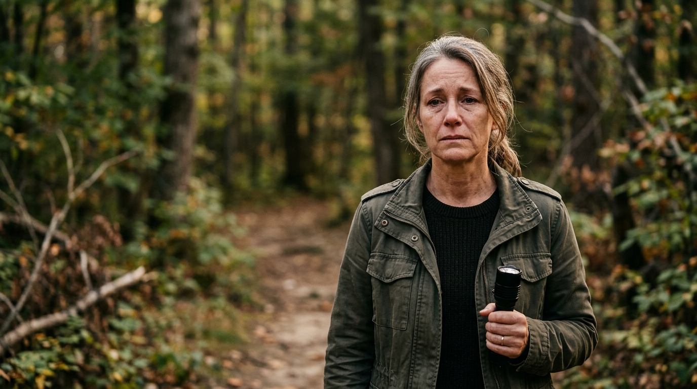 Femme anonyme au bord d'une forêt, visage marqué par l'inquiétude