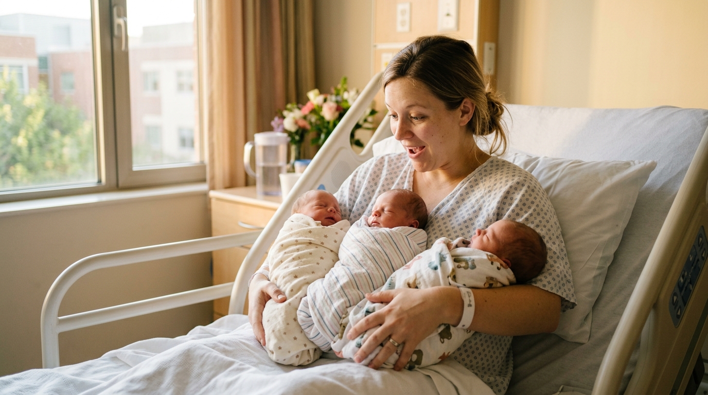 Jeune mère souriante avec ses triplés nouveau-nés