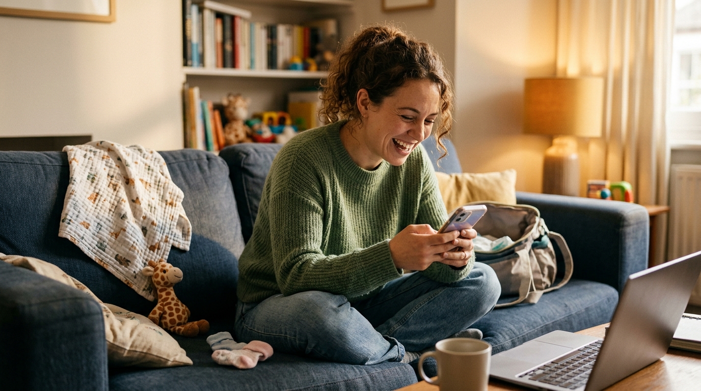Femme riant en lisant des commentaires sur son téléphone