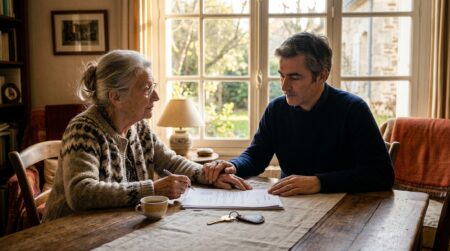 Mère et fils signant un acte de donation immobilière