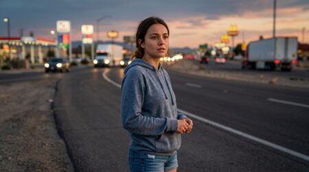 Jeune femme inquiète près d'une route désertique au crépuscule
