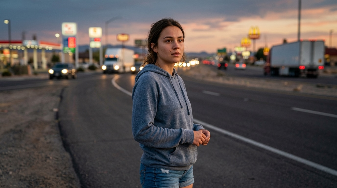 Jeune femme inquiète près d'une route désertique au crépuscule