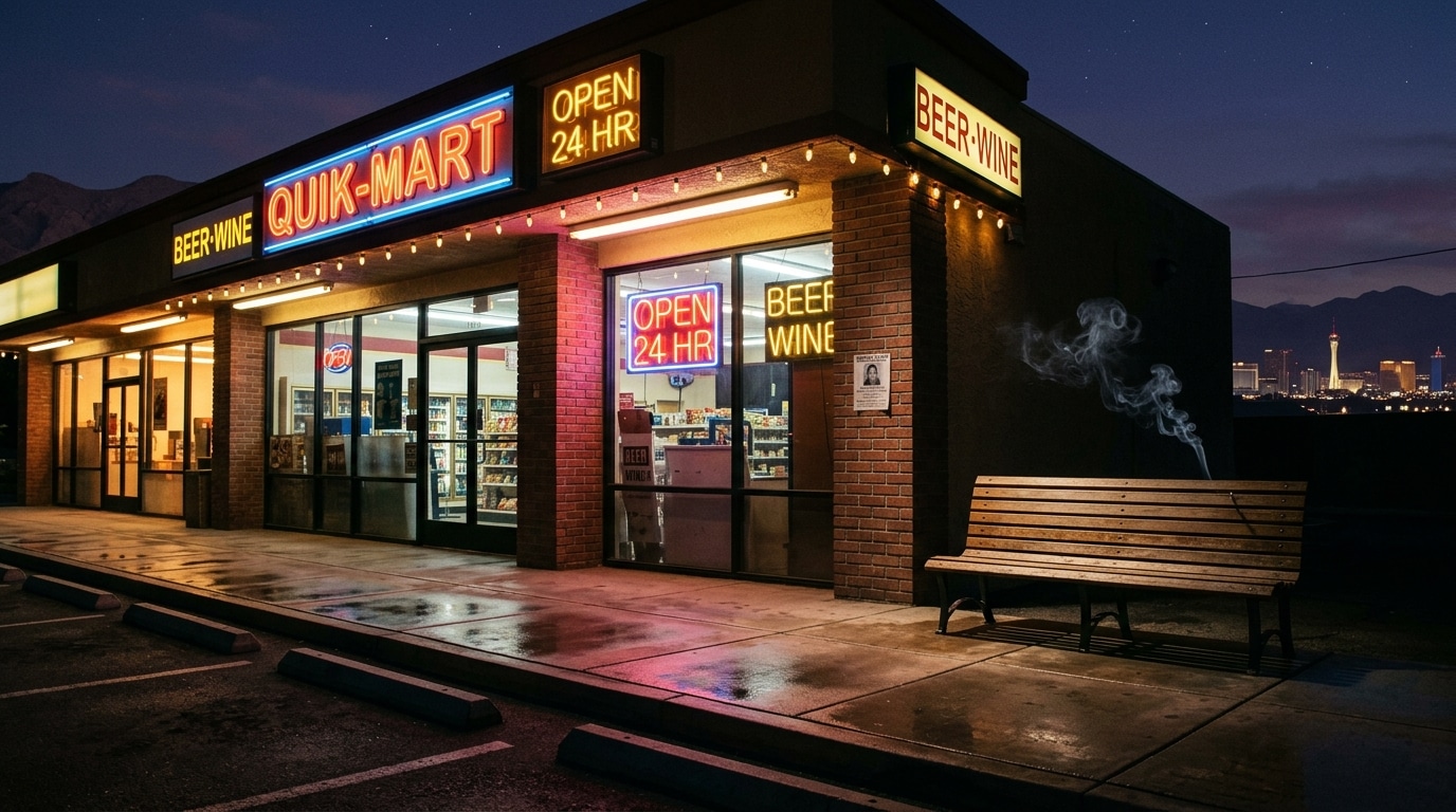 Devanture d'un commerce de nuit dans un quartier de Las Vegas