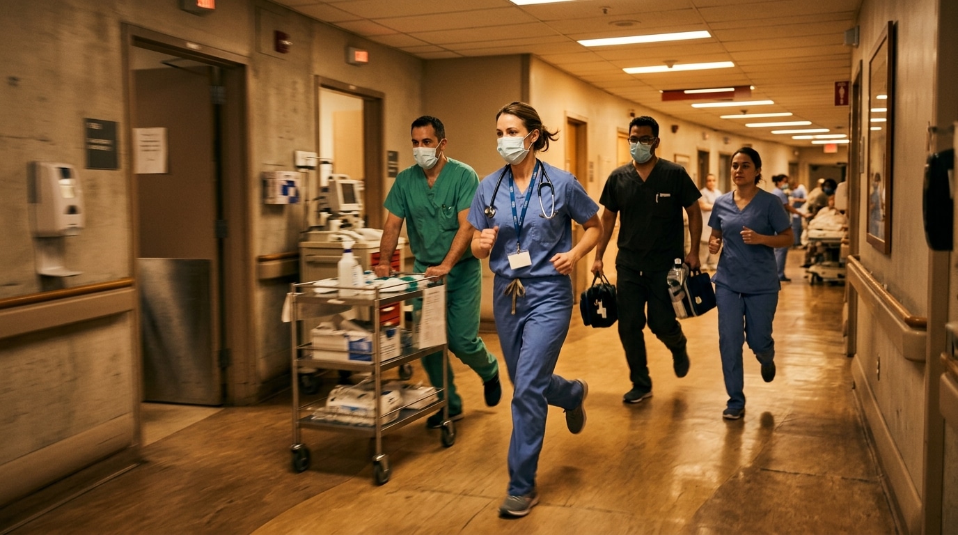 Équipe médicale se précipitant dans un couloir d'hôpital