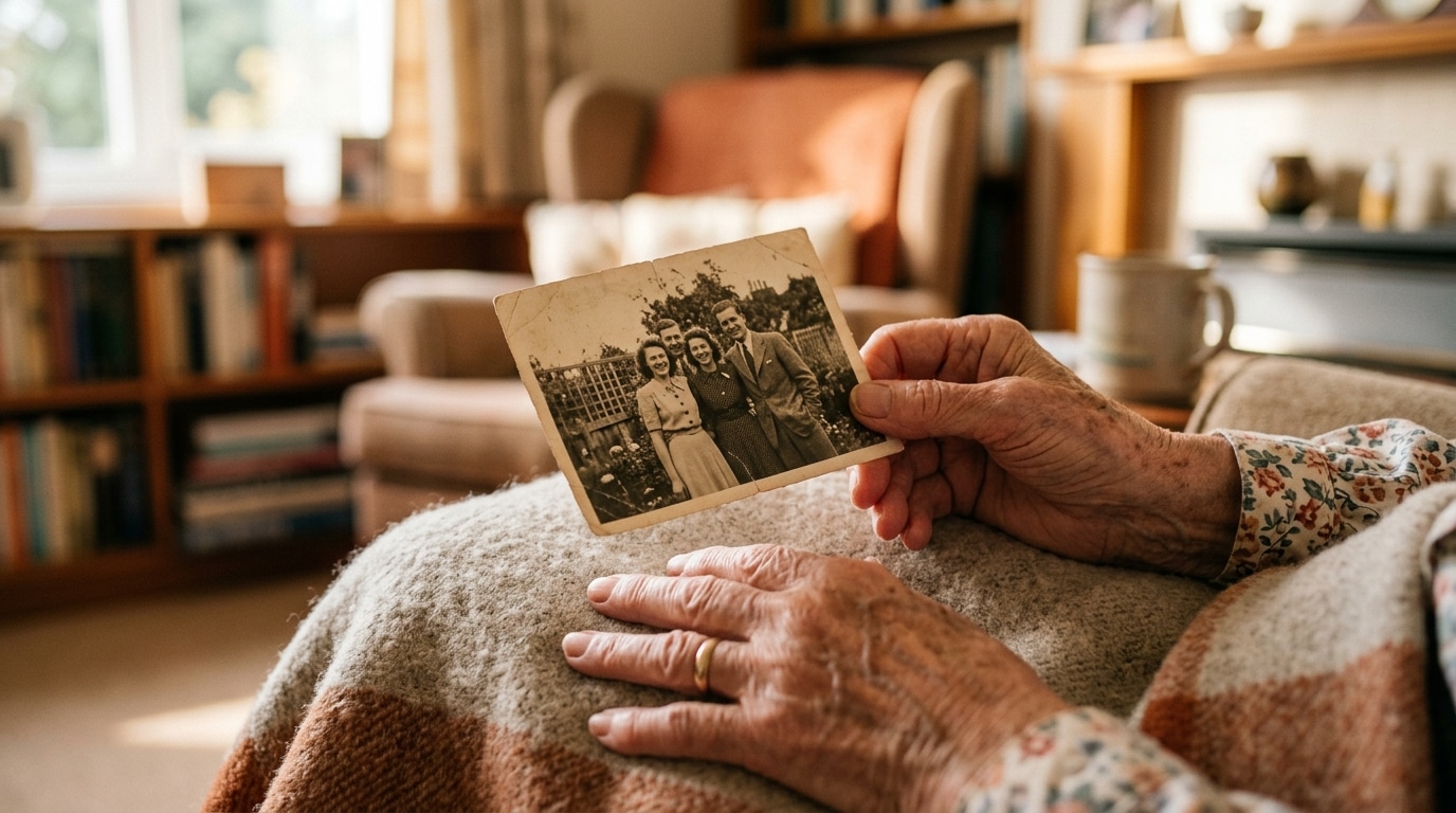 Mains âgées tenant une photo ancienne en noir et blanc, évoquant le souvenir et la nostalgie