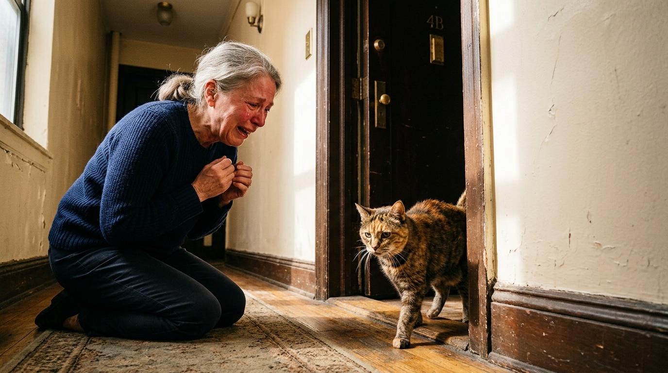 Chatte âgée sortant d'un appartement newyorkais scellé