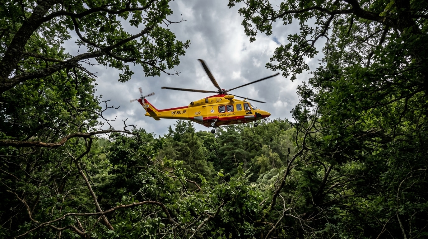Hélicoptère de secours survolant une forêt dense lors des recherches