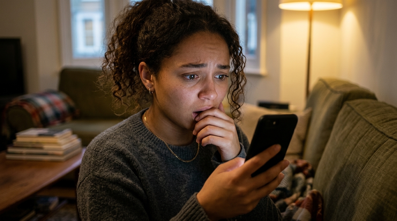 Jeune femme choquée regardant une vidéo sur son téléphone